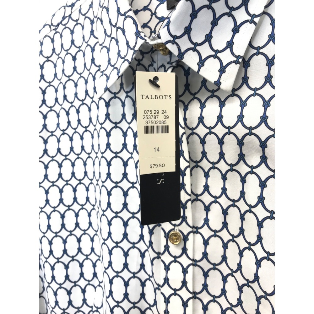 Talbots White Blue‎ Chain Print Wrinkle Resistant Button Front Shirt Size 14 NEW - Picture 2 of 9
